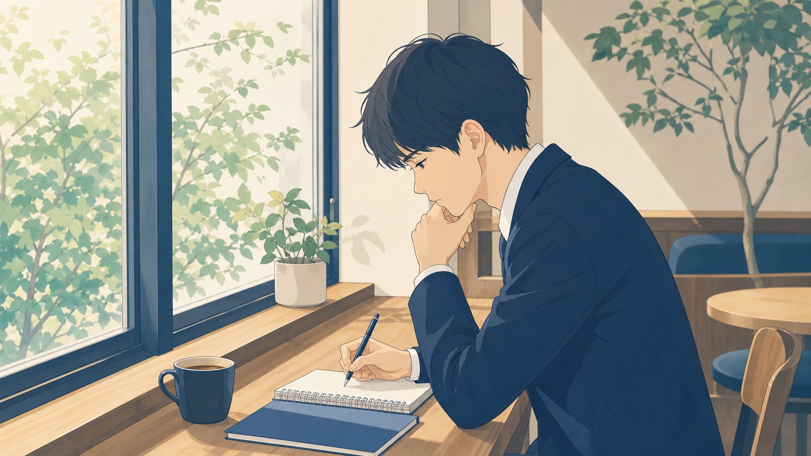 大学の図書館で資料を広げノートに書き込みながら調べ物をする学生のイラスト