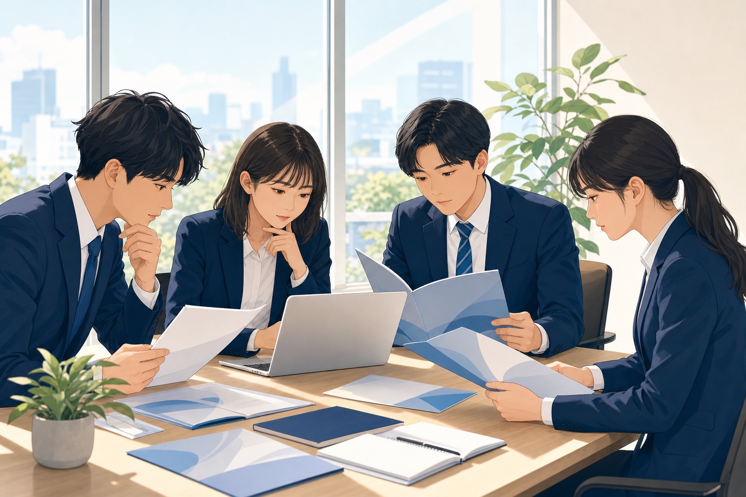 明るいオフィスで複数の若手ビジネスパーソンがノートパソコンや資料を囲んで企業研究をしている様子のイラスト