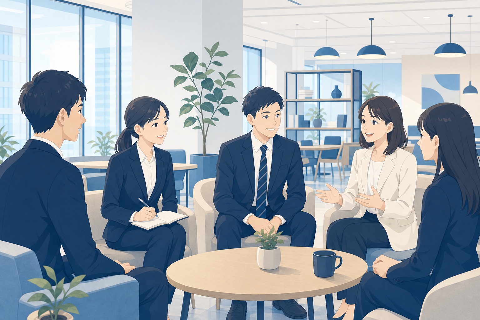 就活生と若手社員がオフィスのラウンジでテーブルを囲み、和やかに座談会で話しているイラスト