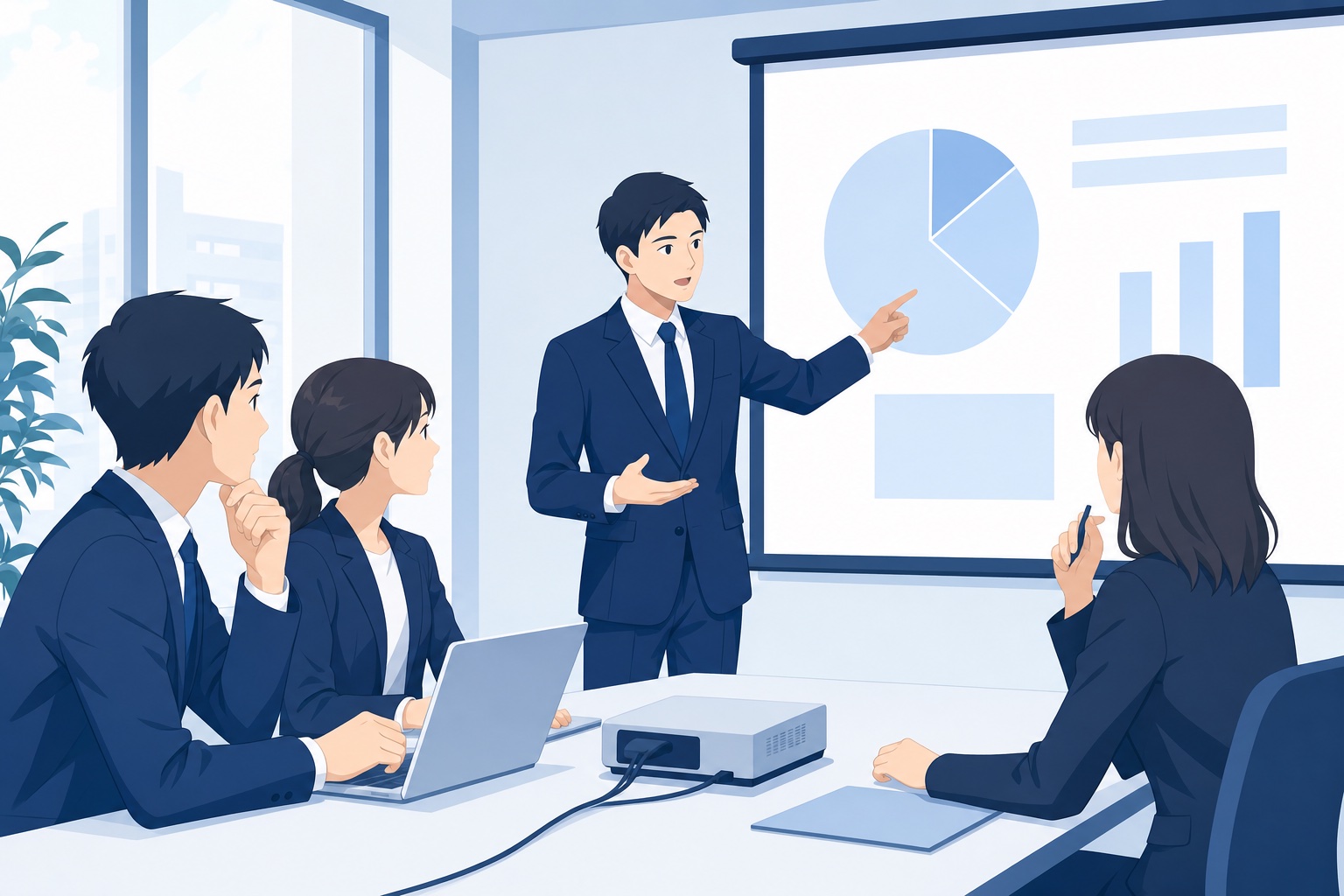 会議室でプロジェクター資料を指しながら同僚に説明するビジネスパーソンのイラスト