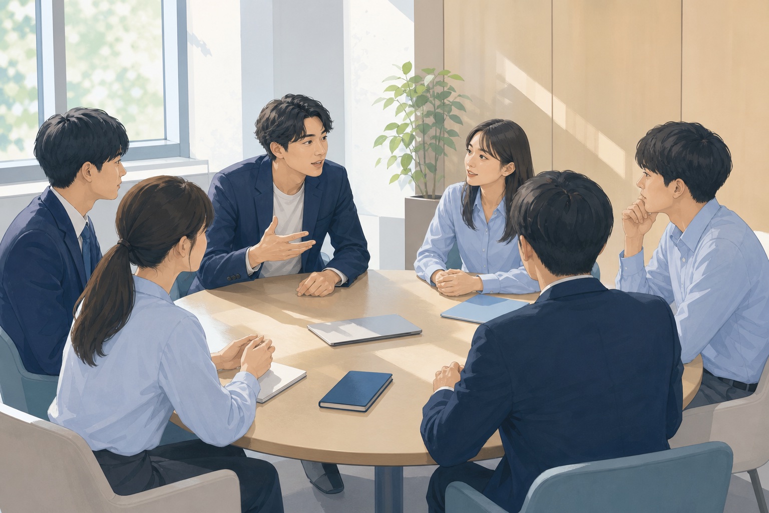 会議室で就活生や若手社員がグループディスカッションをしながら意見を交わしている様子のイラスト