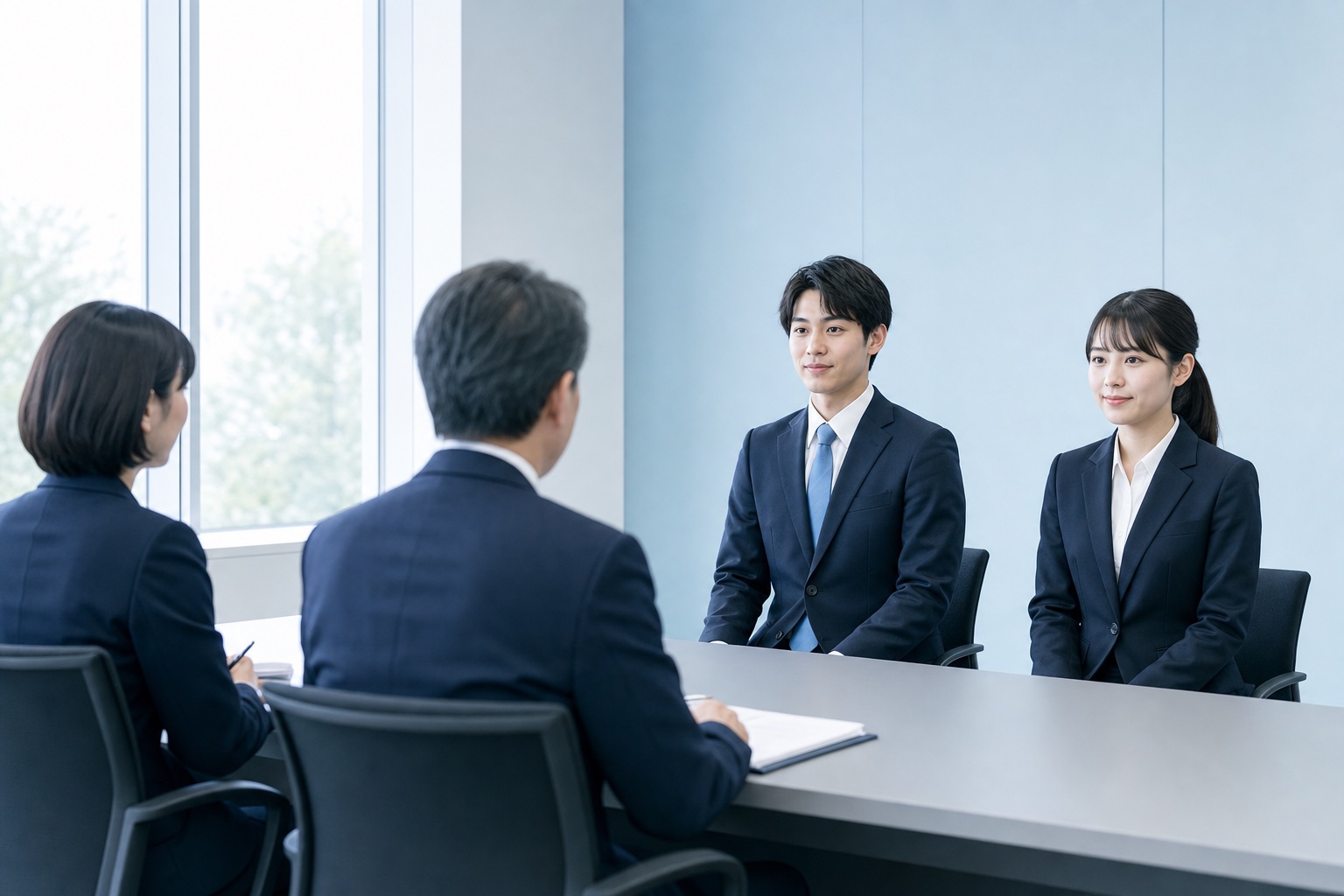 就活生の男女が面接会議室で面接官と向き合って話している様子のイラスト