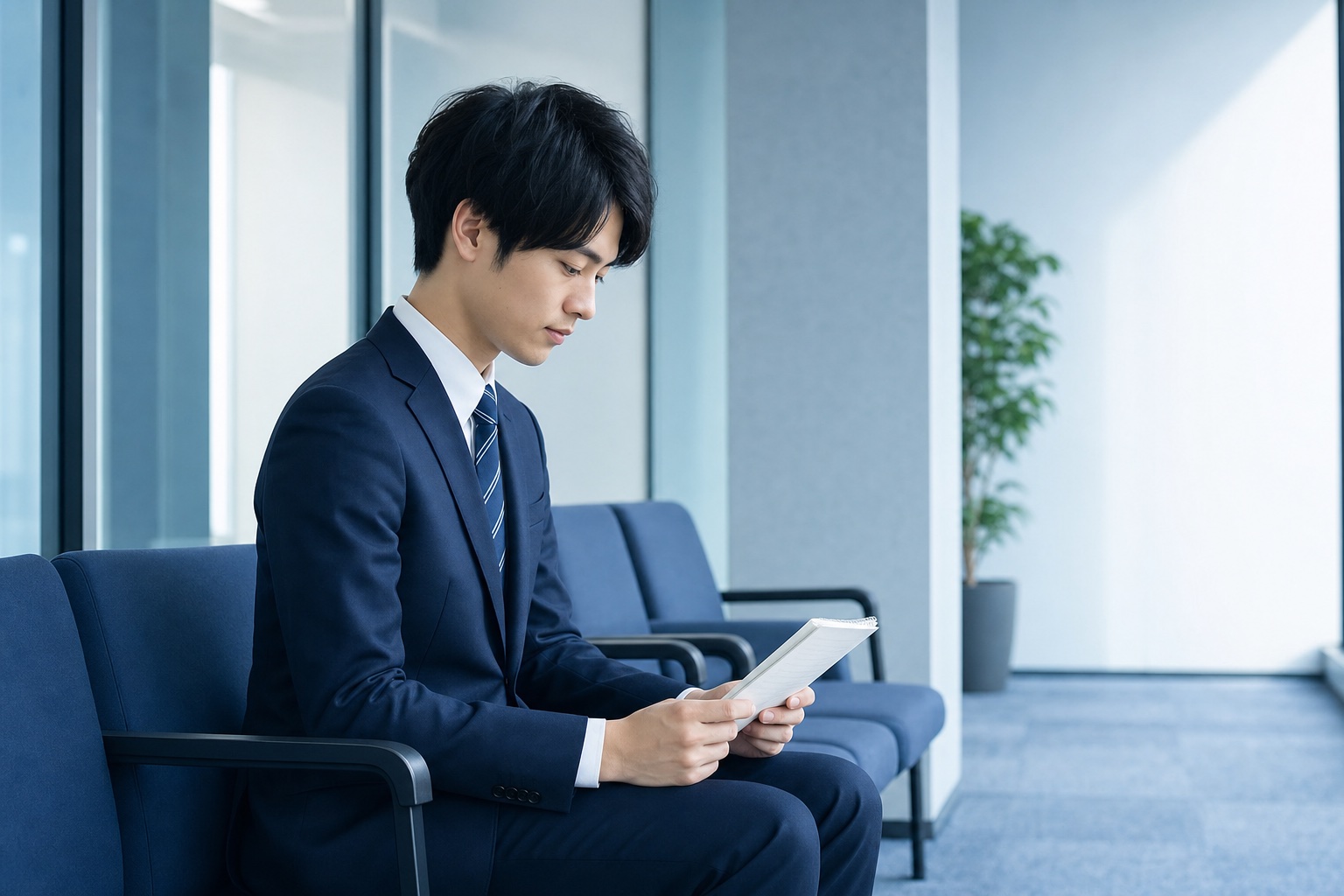 面接前の待合スペースで手元のメモに視線を落とし呼吸を整えるスーツ姿の就活生のイラスト