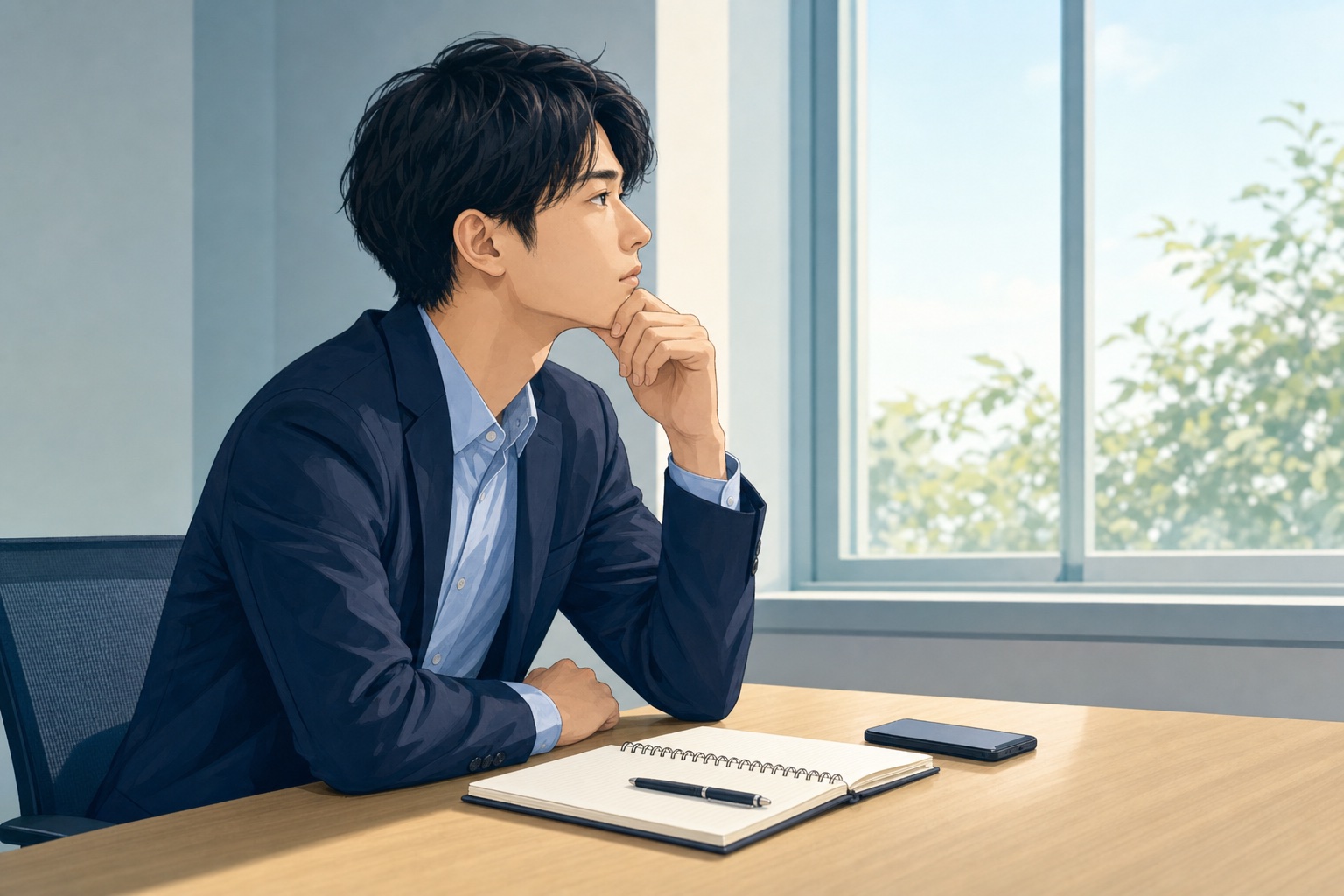 デスクでノートとスマートフォンを前に静かに考え込むビジネスパーソンのイラスト