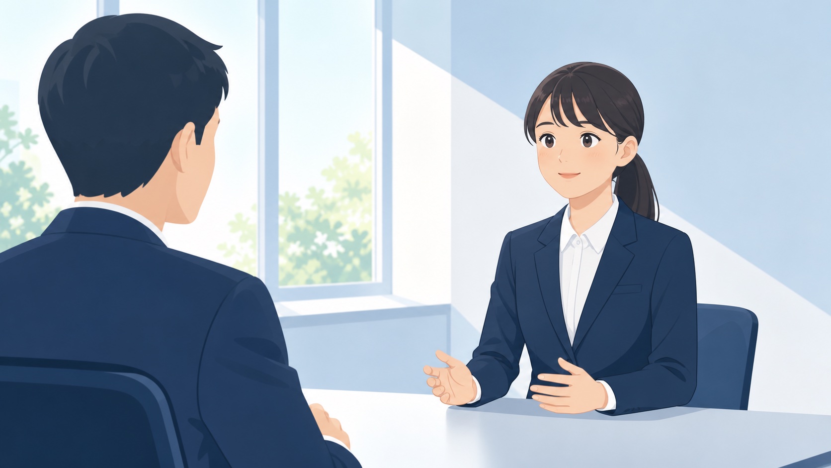 就活生が面接官と向き合い落ち着いて自己PRを話している様子のイラスト