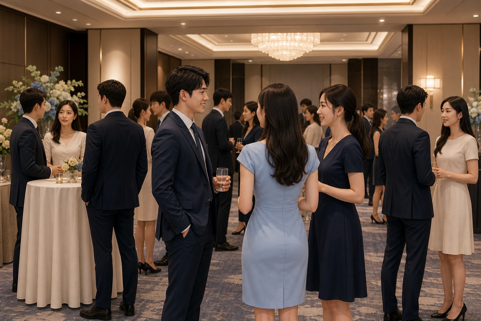 内定式や懇親会でセミフォーマルな装いの若手社会人たちが歓談している様子のイラスト