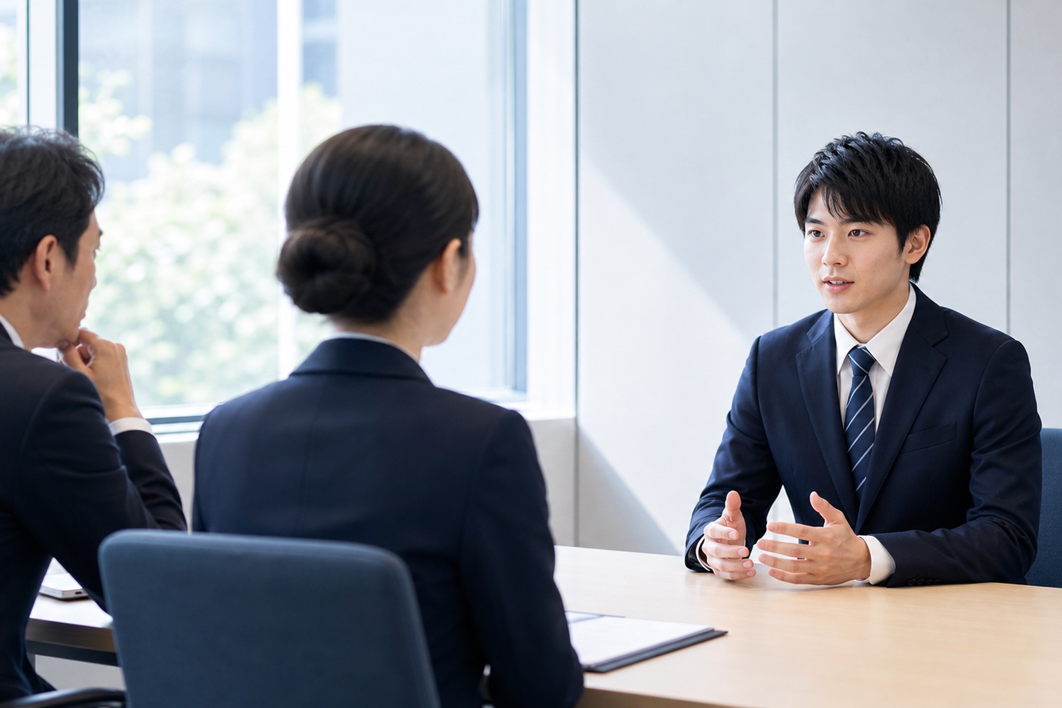 就活スーツを着た学生が面接官と向き合い、落ち着いた表情で話している面接の様子