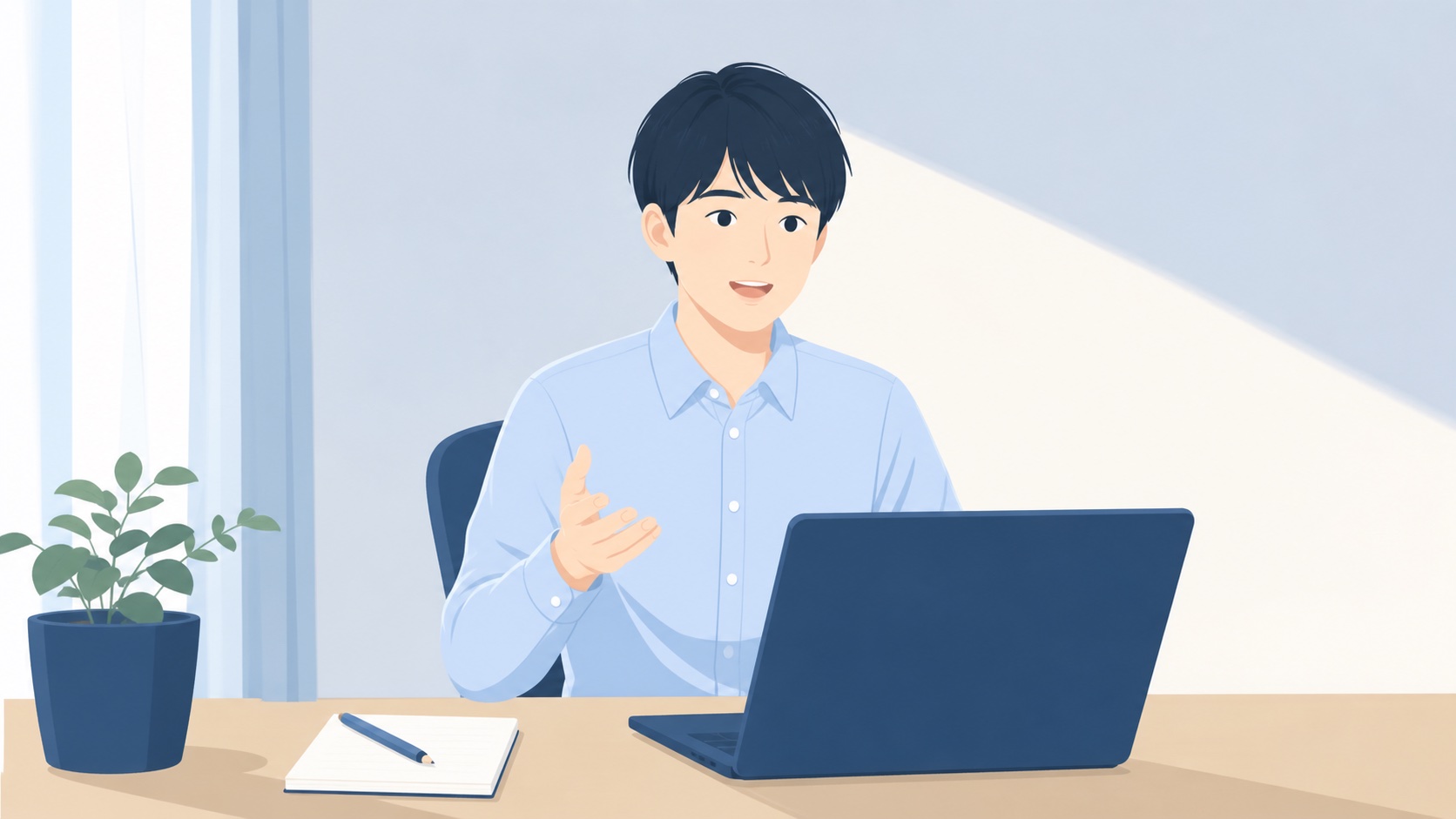 明るい部屋でノートパソコンに向かい穏やかな表情でオンライン面接に臨む就活生のイラスト