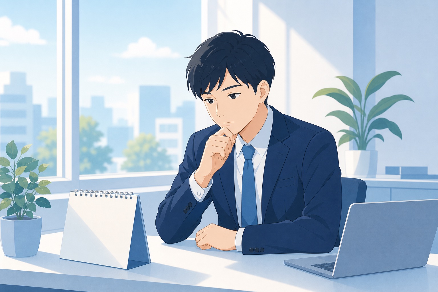 オフィスの窓際でカレンダーを見ながら考え込む若手社会人のイラスト。