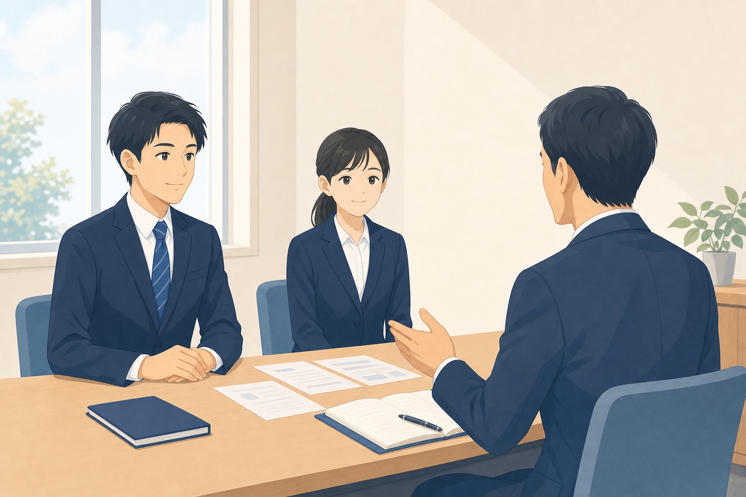 就活生が面接官と穏やかに面接をしているオフィスのイラスト