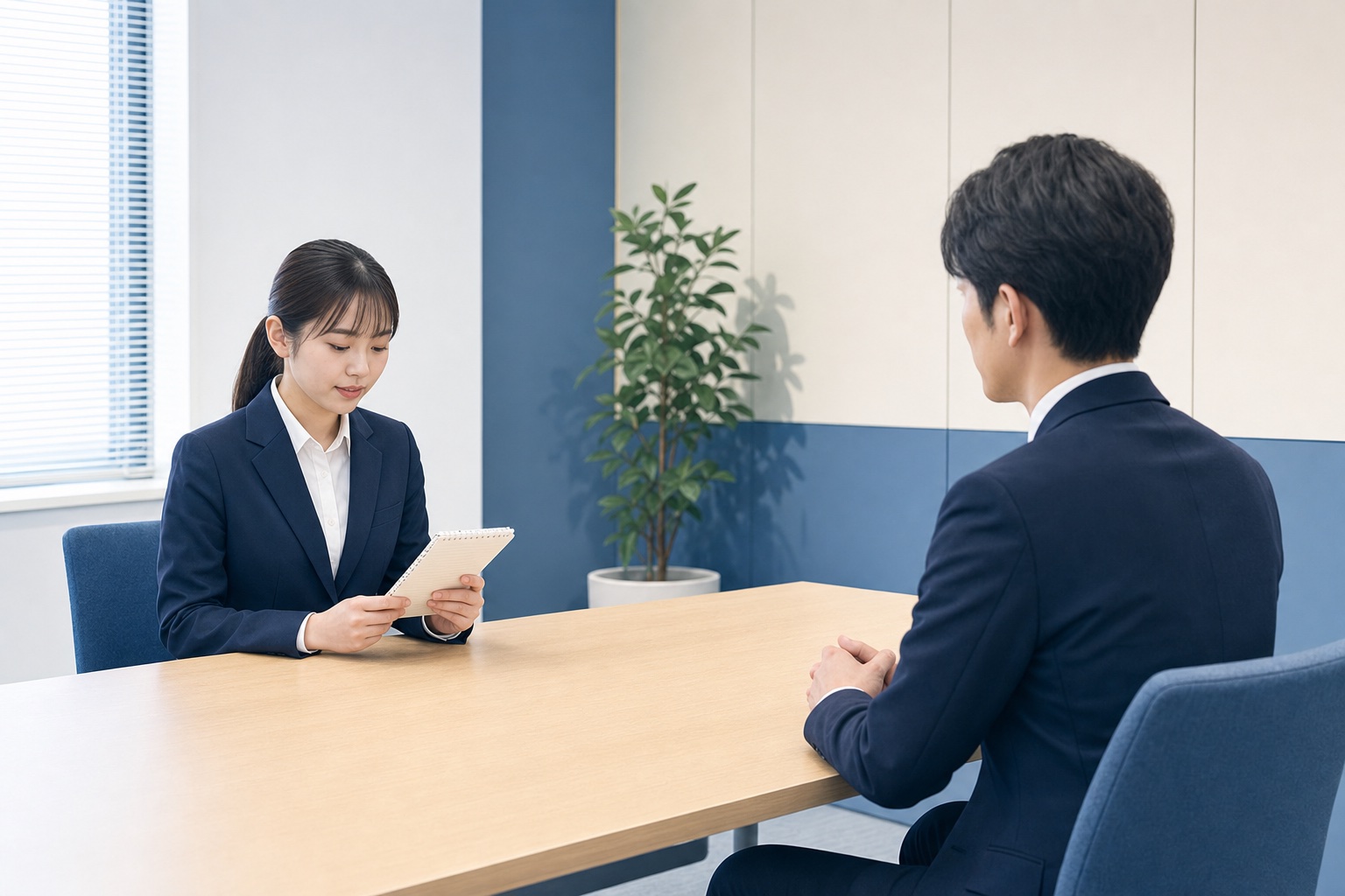 就活生が面接官と面接室で対話している様子のイラスト