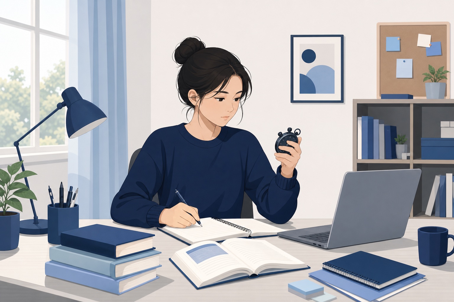 就活生の女性がストップウォッチで時間を確認しながらSCOA練習問題に取り組んでいる様子