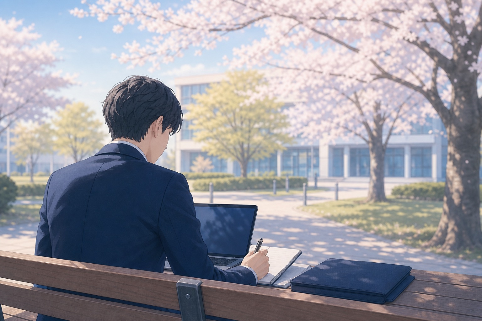 桜の咲く大学キャンパスのベンチでノートパソコンとメモ帳を広げ、OB訪問前の準備をするスーツ姿の就活生の後ろ姿