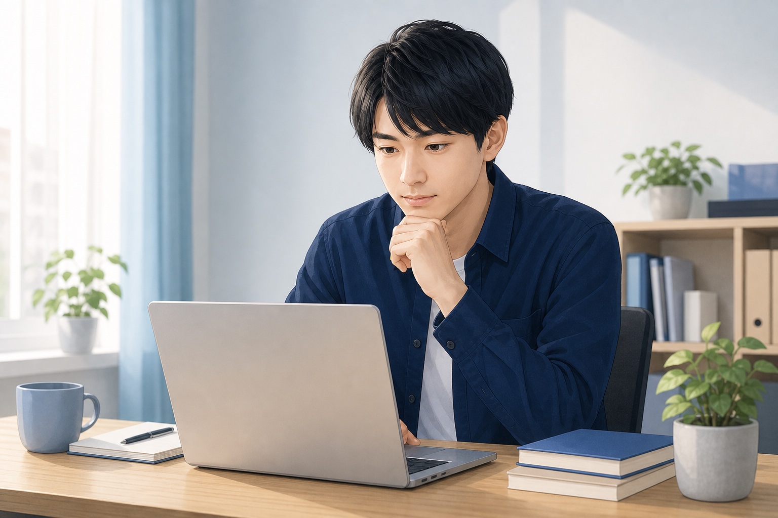 ノートパソコンに向かい落ち着いた表情でWebテストを受ける20代就活生のイラスト