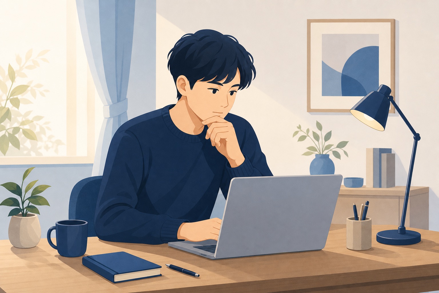 自室の机でノートパソコンの性格診断画面を見ながら考え込む人物のイラスト