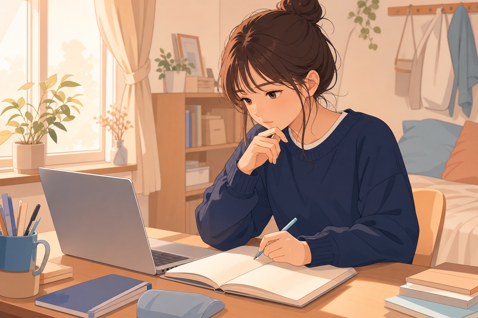 大学生が自室の机でノートパソコンとノートを広げ、志望動機を考えている様子のイラスト