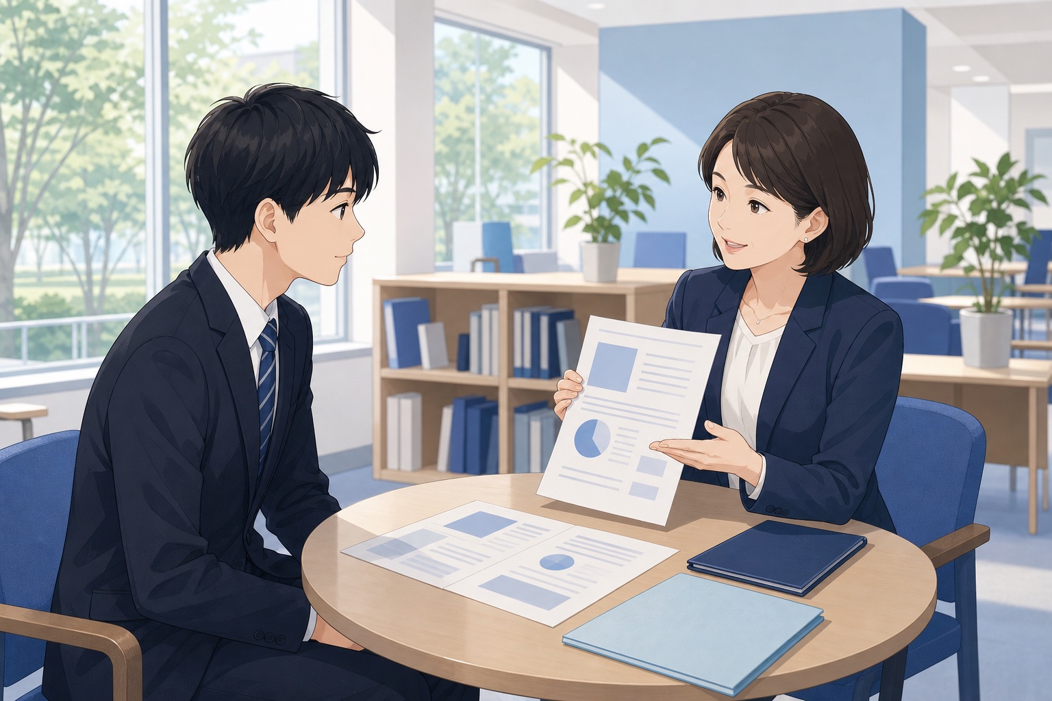 大学キャリアセンターで学生が職員から資料を見せてもらいながら就活相談を受けているイラスト