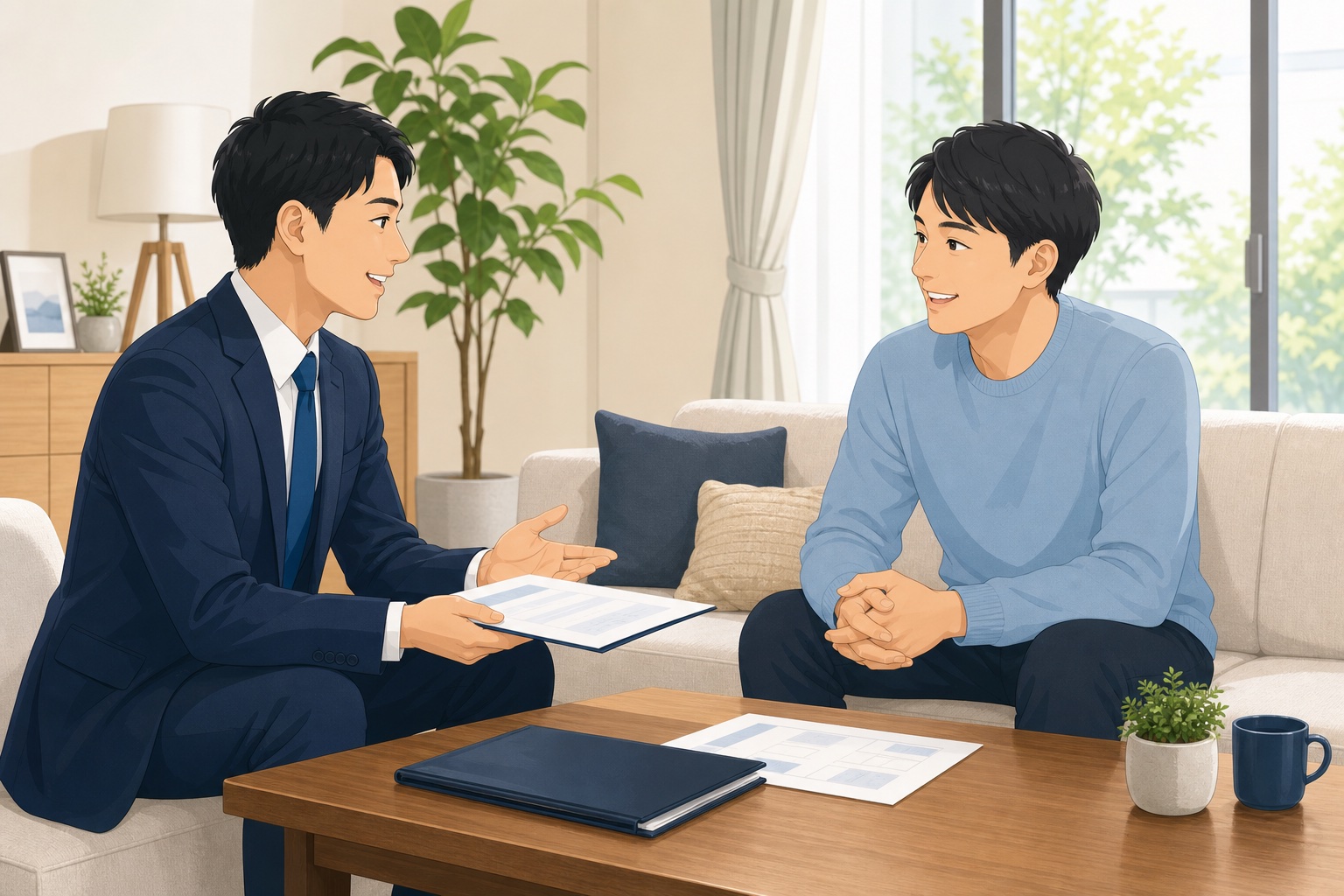 個人営業担当者が明るいリビングで顧客と向かい合い、書類を手に笑顔で会話している様子のイラスト