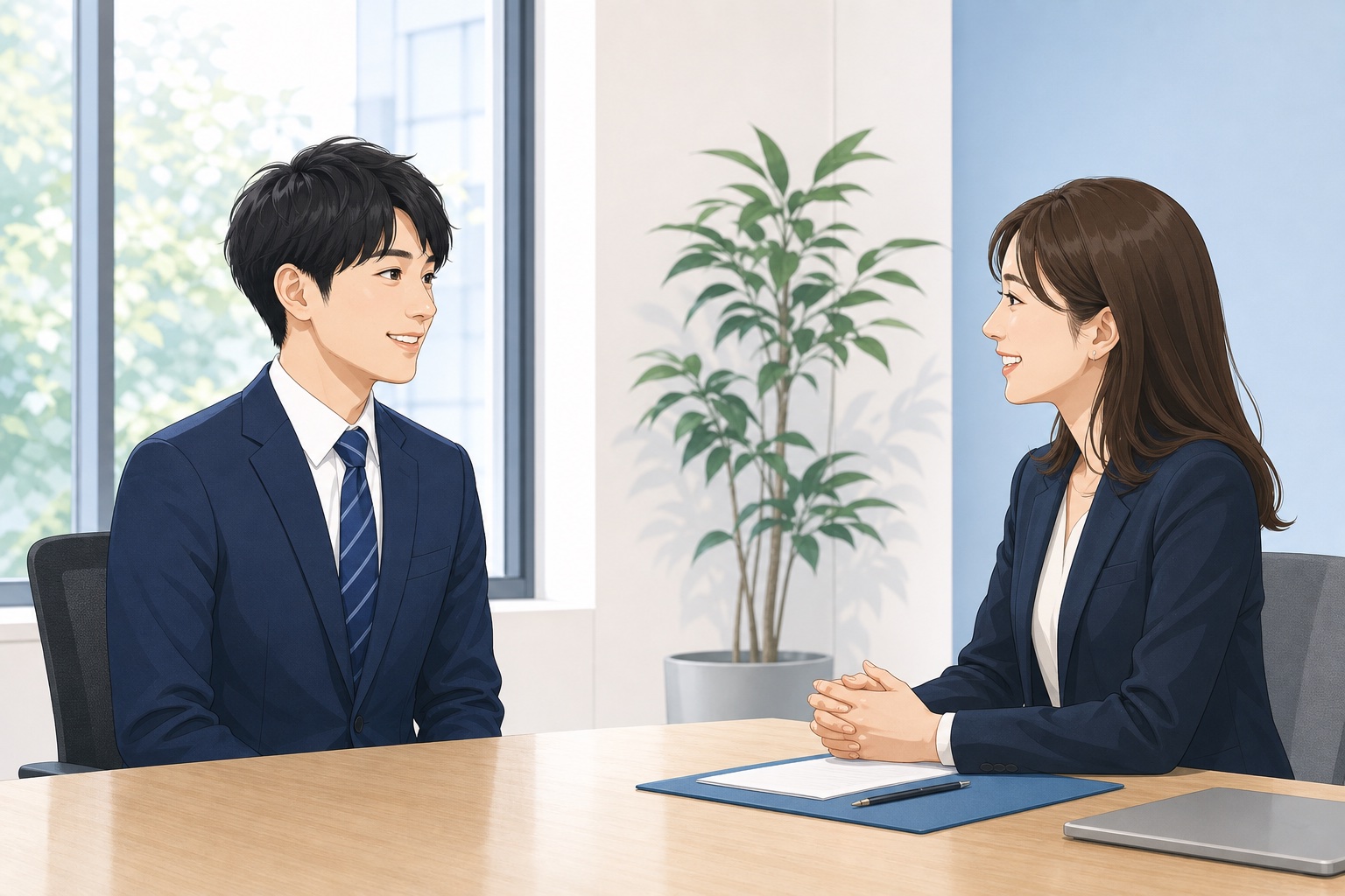 面接で若手社会人と採用担当者が笑顔で向き合い会話している様子のイラスト