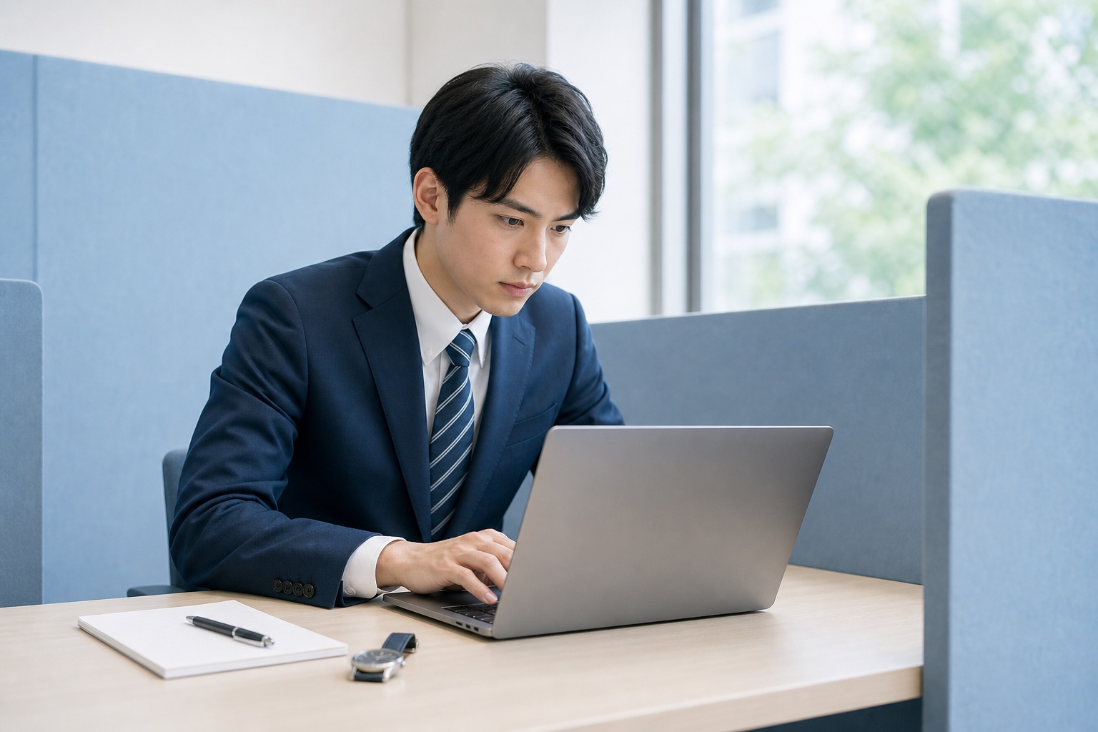 テストセンターの個室でノートパソコンの画面に集中するスーツ姿の就活生