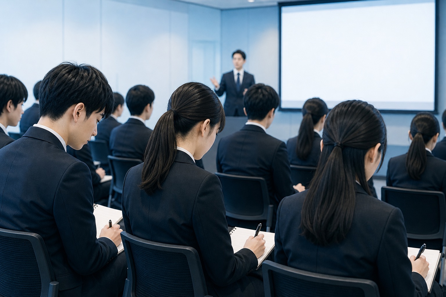 会社説明会でメモを取りながら真剣に話を聞く就活生たちのイラスト