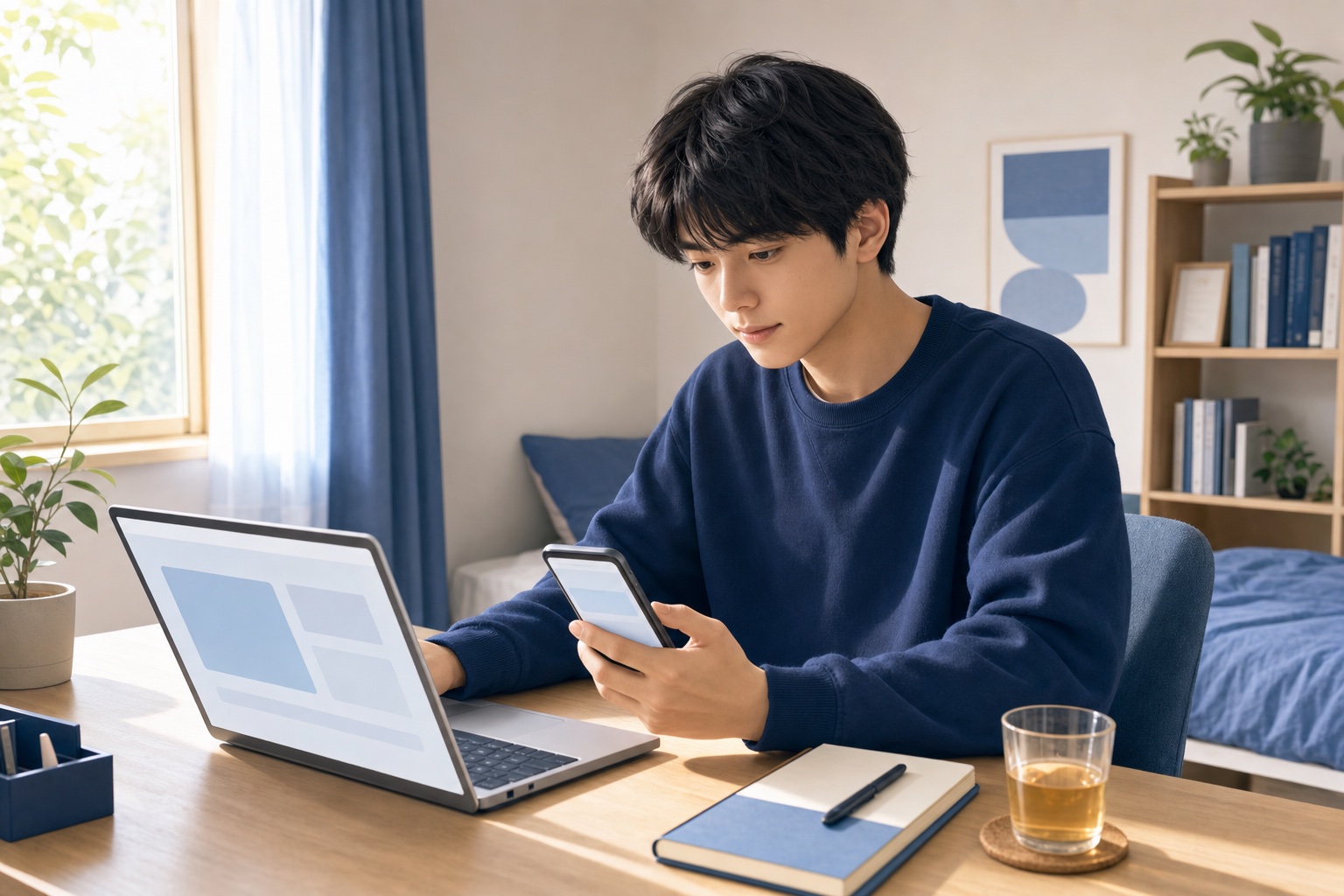 大学生が自室の机でノートパソコンとスマートフォンを使い朝の光の中でニュース記事を読んでいる様子