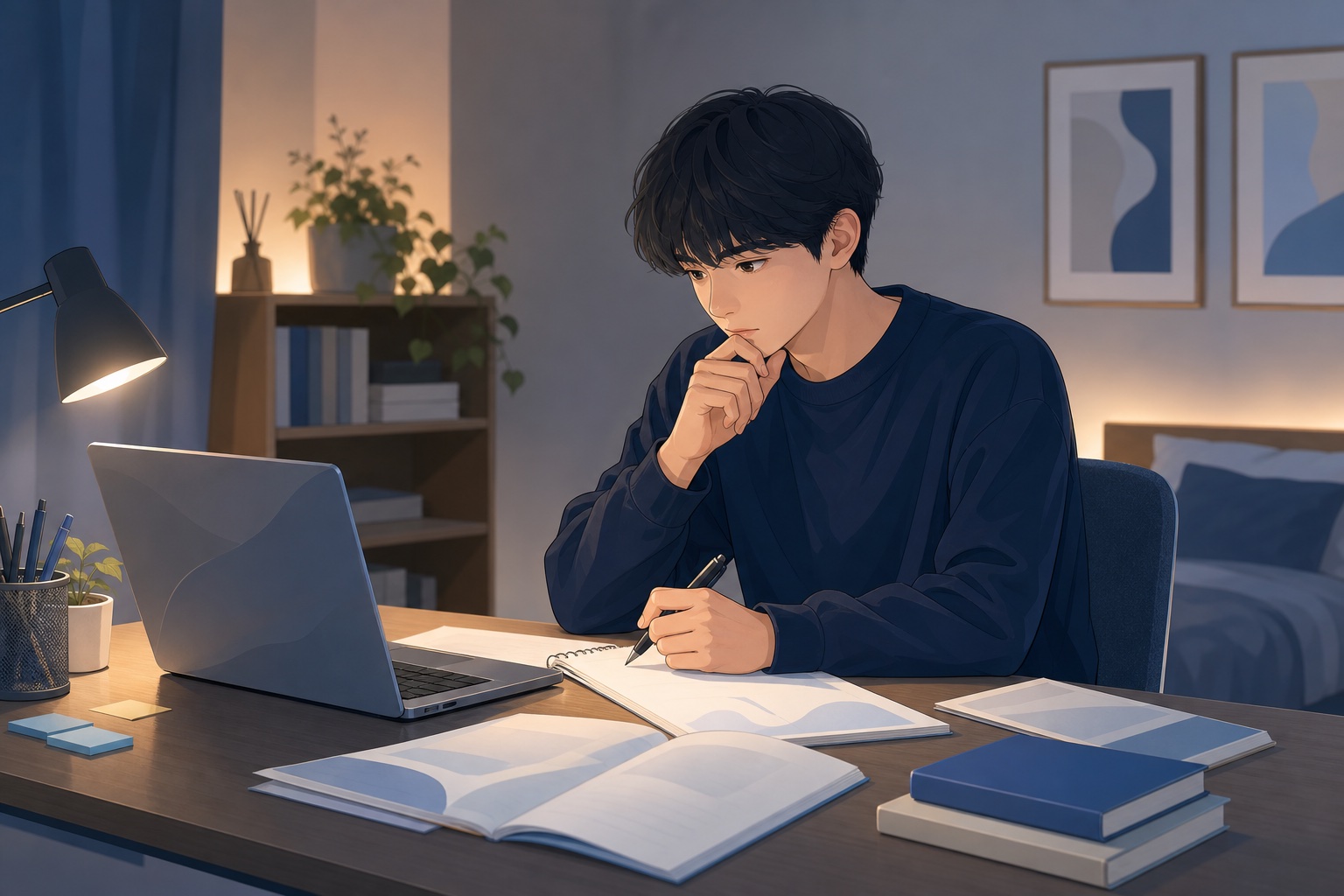 自室の机でノートパソコンと参考書を前に自己推薦書の下書きを考える就活生のイラスト