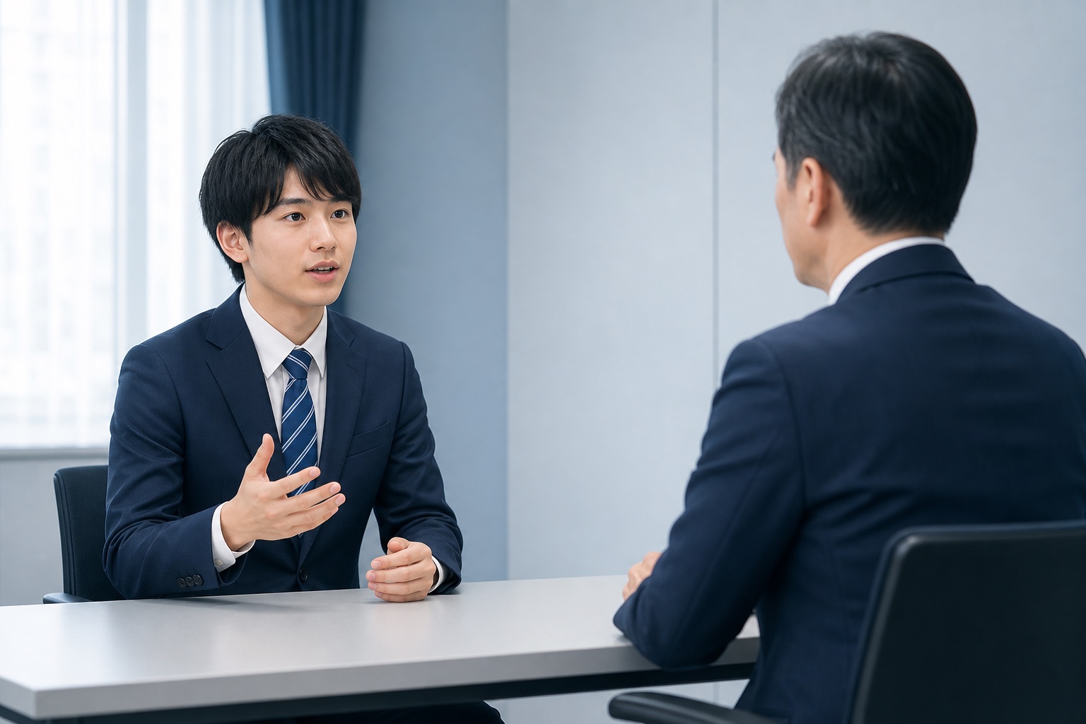 就活生が面接室で面接官に対して身振りを交えながら受け答えをしている様子