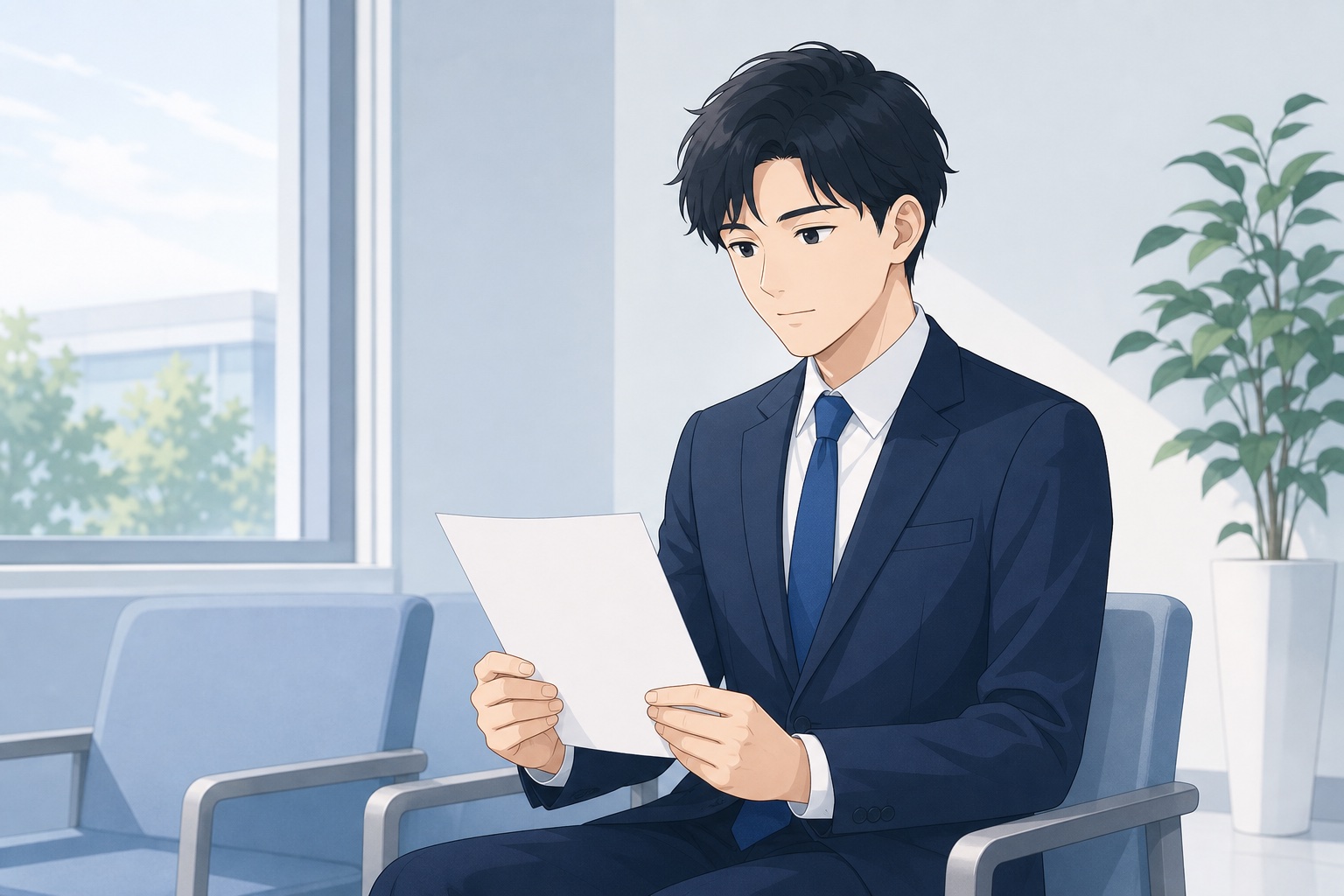 就活生が面接前にエントリーシートを見返しながら志望動機を考えている様子のイラスト