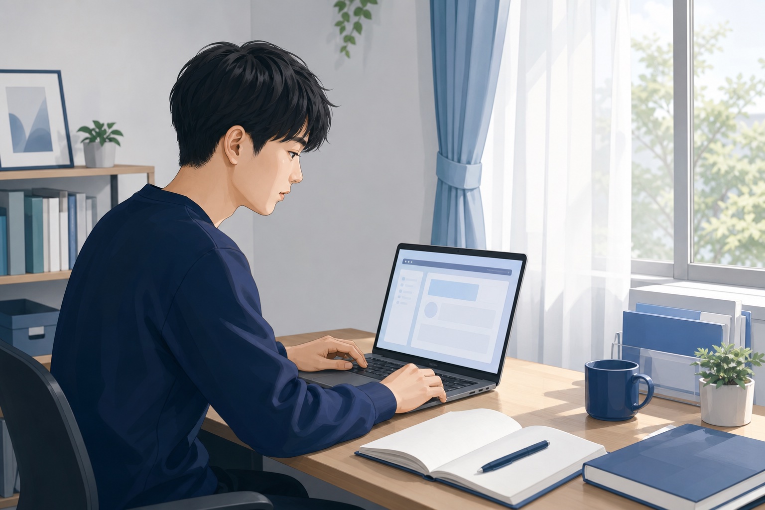 自宅の机でノートパソコンの性格検査に落ち着いて取り組む就活生のイラスト