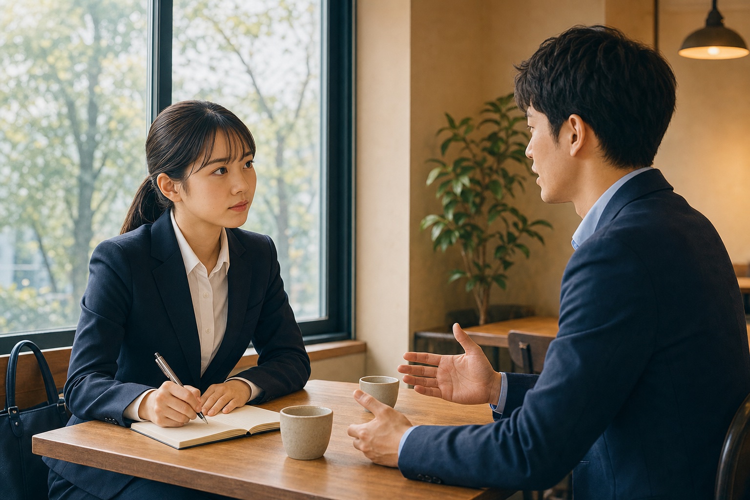 就活生がカフェでOB・OG訪問中の先輩社員の話をメモを取りながら聞いている様子