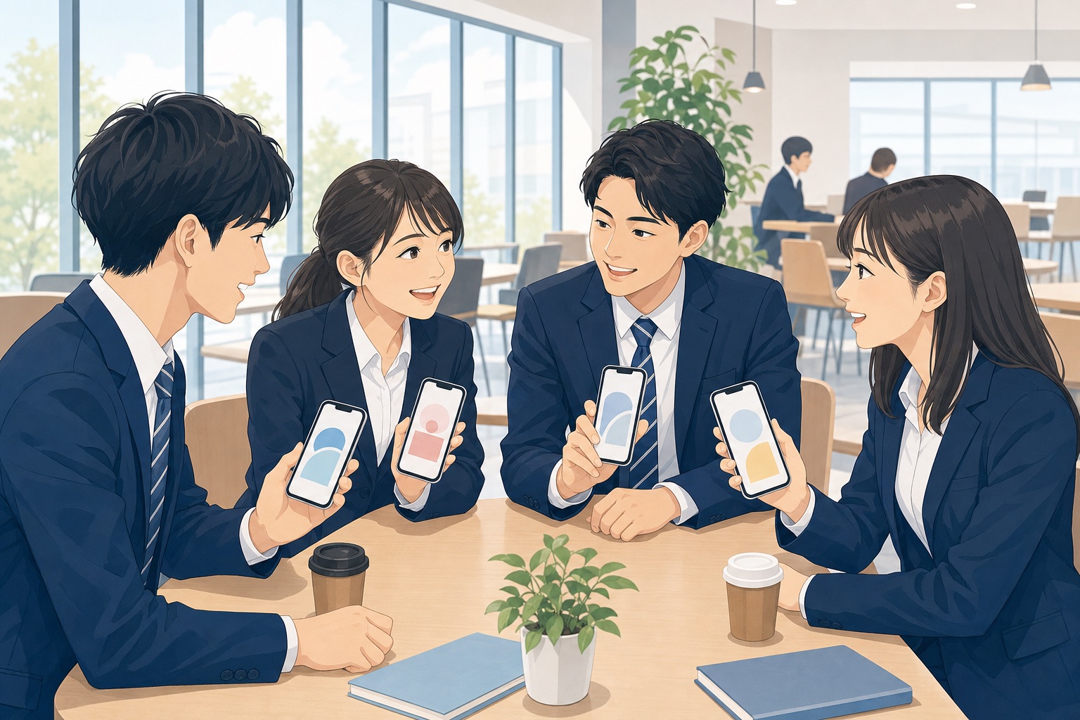 大学のカフェテリアでスーツ姿の就活生数人がスマートフォンの性格診断アプリの画面を見せ合いながら談笑している様子のイラスト