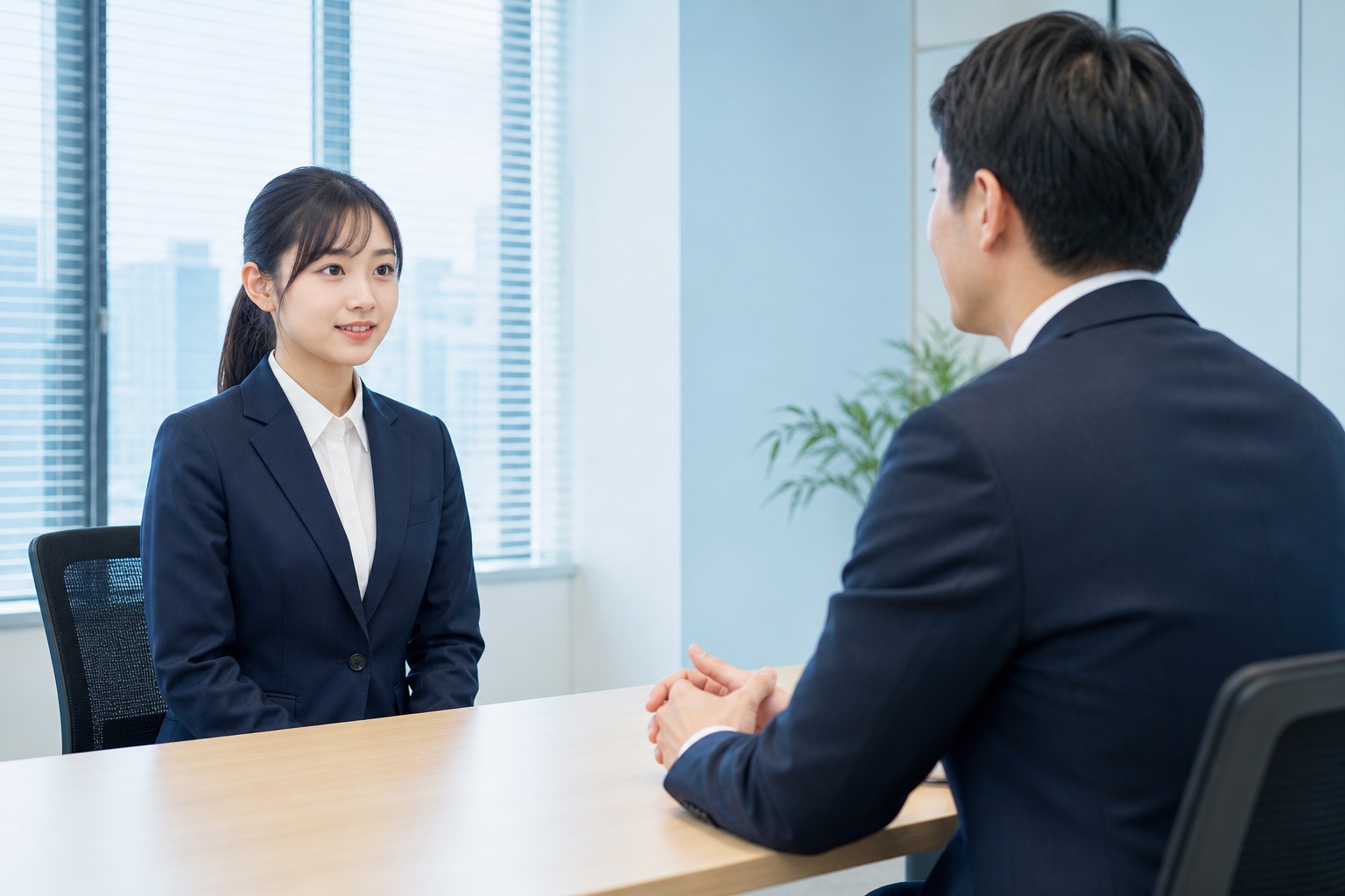 面接室でスーツ姿の就活生が面接官と向き合い受け答えをしている様子のイラスト