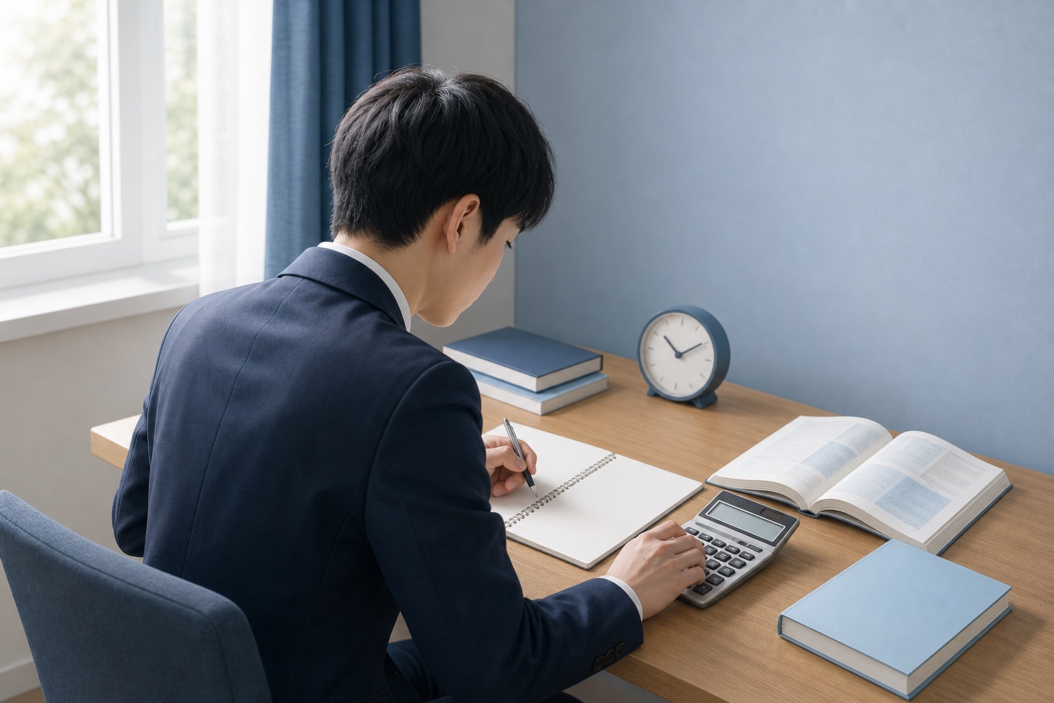 就活生が自室の机でノートと参考書、電卓を使ってWebテスト対策の問題を解いている様子