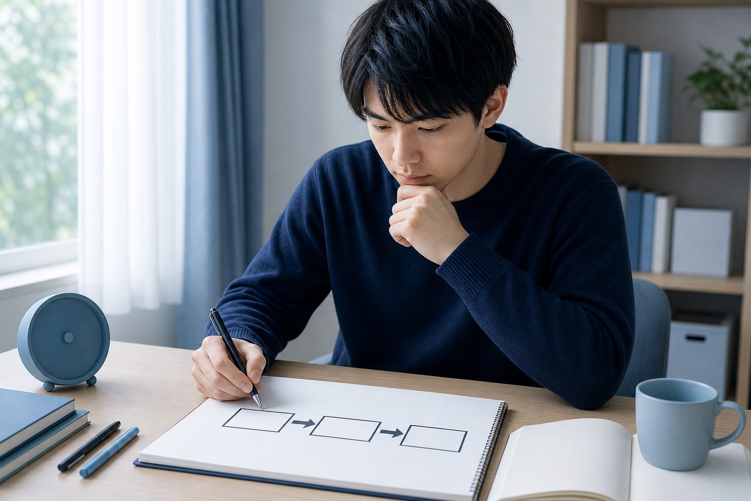 就活生が自宅の机で小論文の構成メモを考えながら書いている様子のイラスト