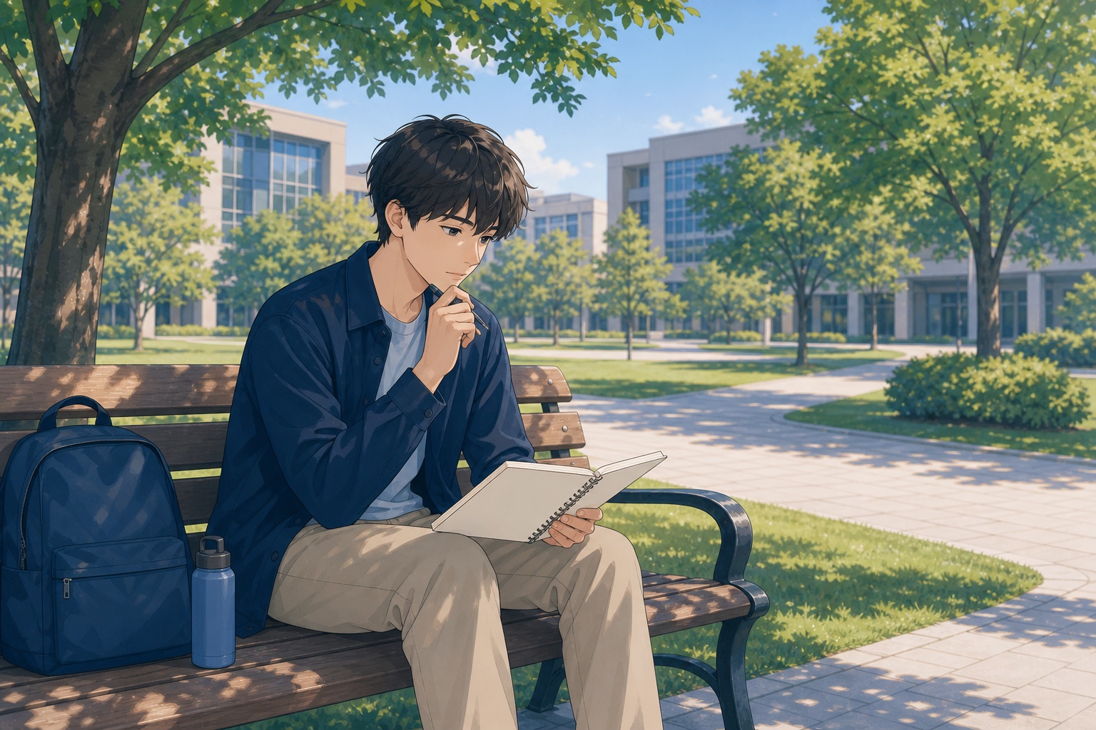 大学のベンチで手帳を広げて学生時代の経験を振り返る大学生のイラスト