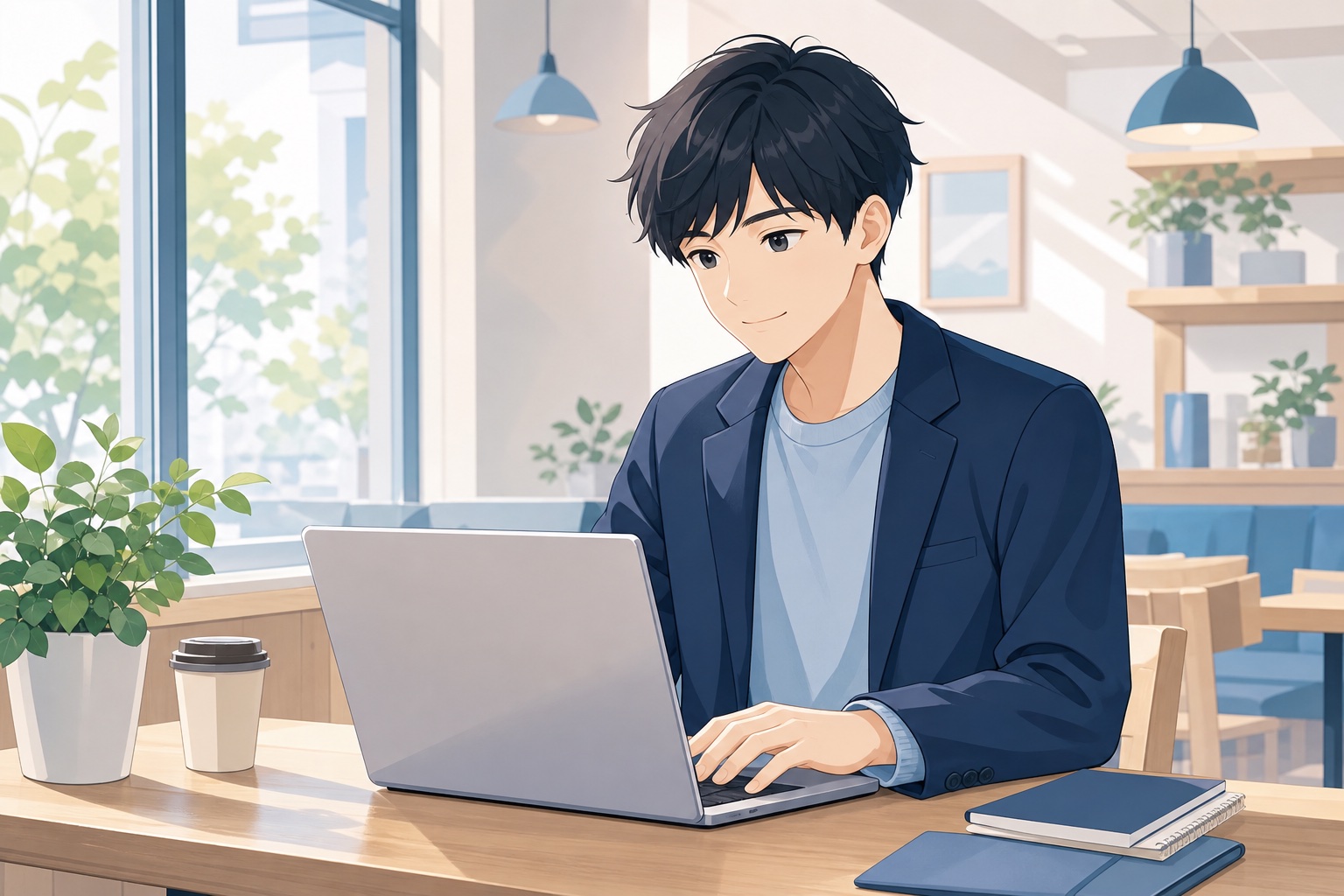 就活生がカフェでノートパソコンを使って企業の採用サイトからエントリー作業をしている様子のイラスト