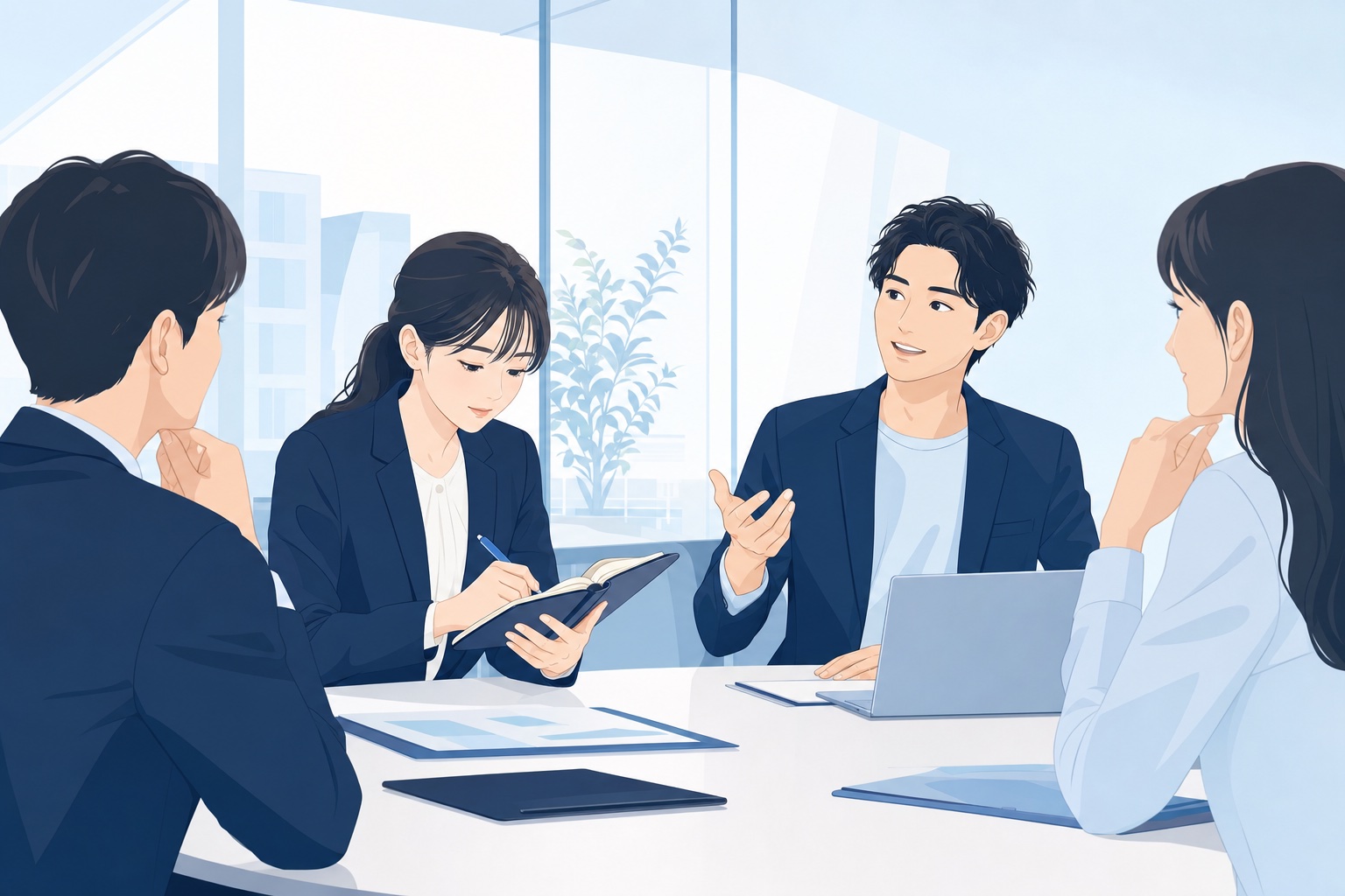 オフィスの会議で手帳に予定を書き込む人とその場の反応を見ながら発言する人が話し合っている様子のイラスト