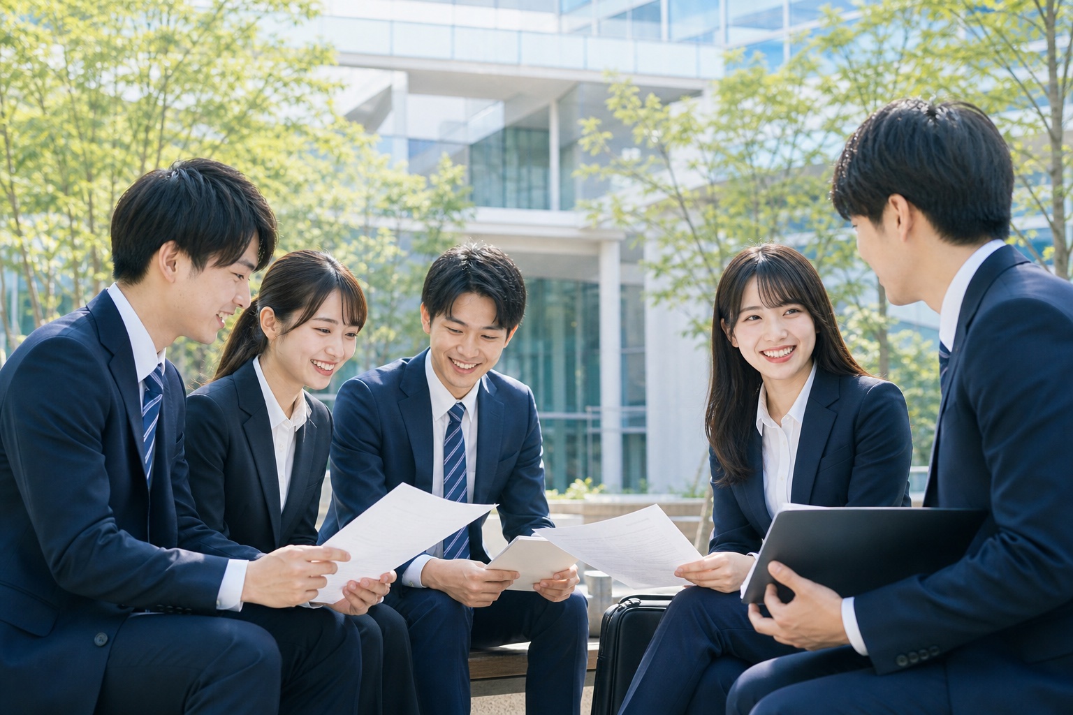 スーツ姿の大学生数名が大学キャンパスの中庭でOB訪問前に資料を確認しながら談笑している様子のイラスト