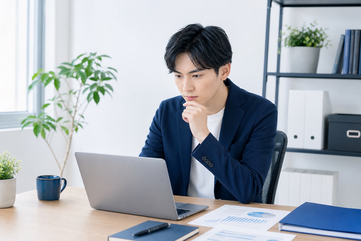 ノートパソコンで企業研究をしながら商流について考え込む就活生の様子