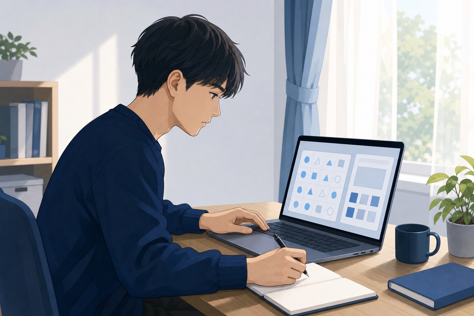 自宅の学習机でノートパソコンの適性検査画面に向かい対策に取り組む就活生のイラスト