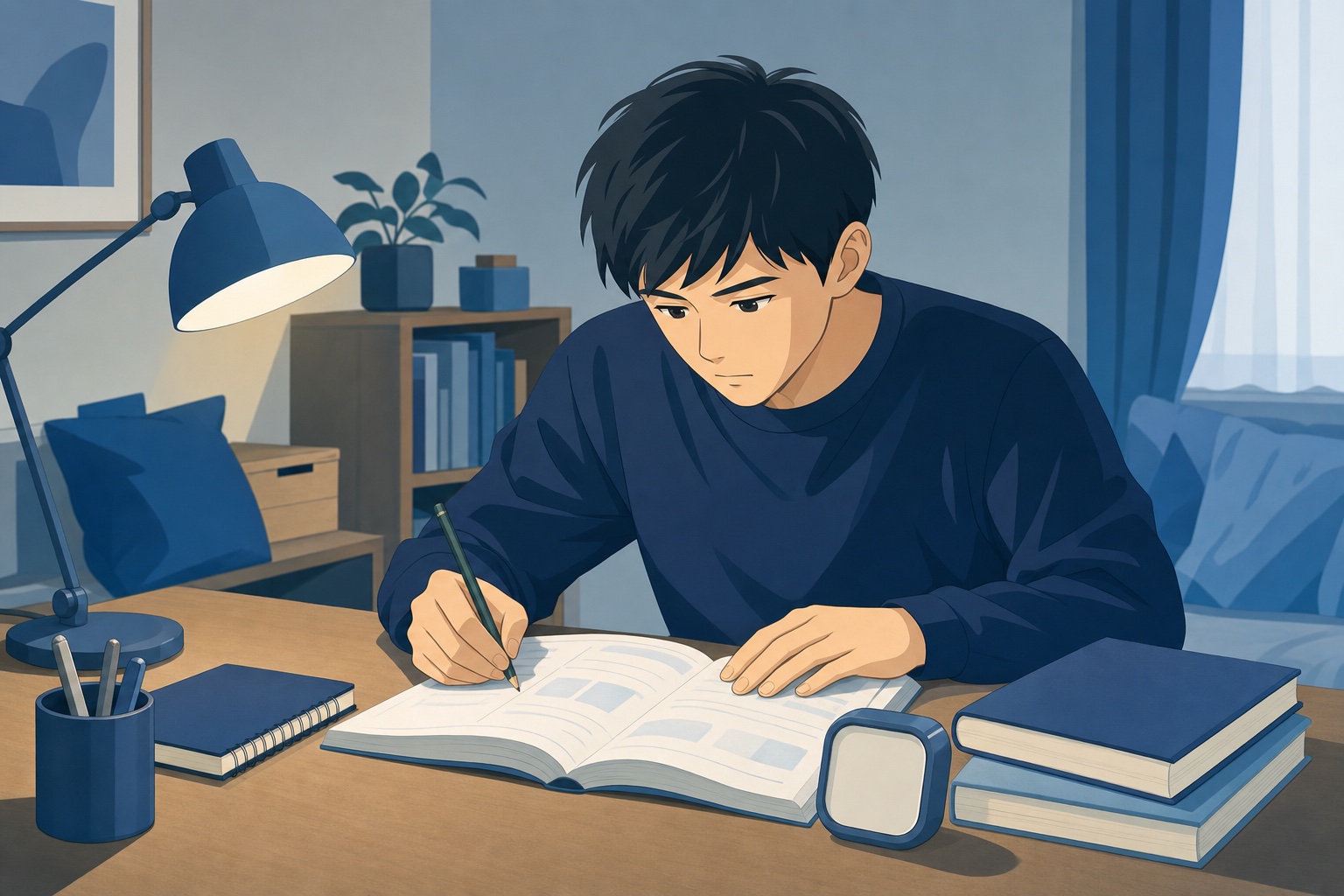就活中の学生が自室の机で参考書を前に問題演習に集中している様子のイラスト