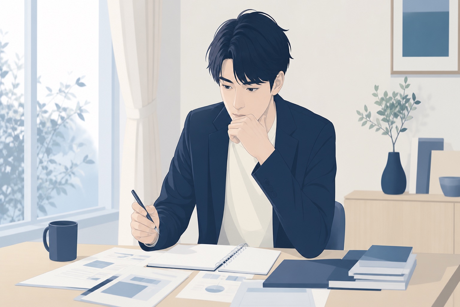 資料を広げながら進路を思案する就活生のイラスト