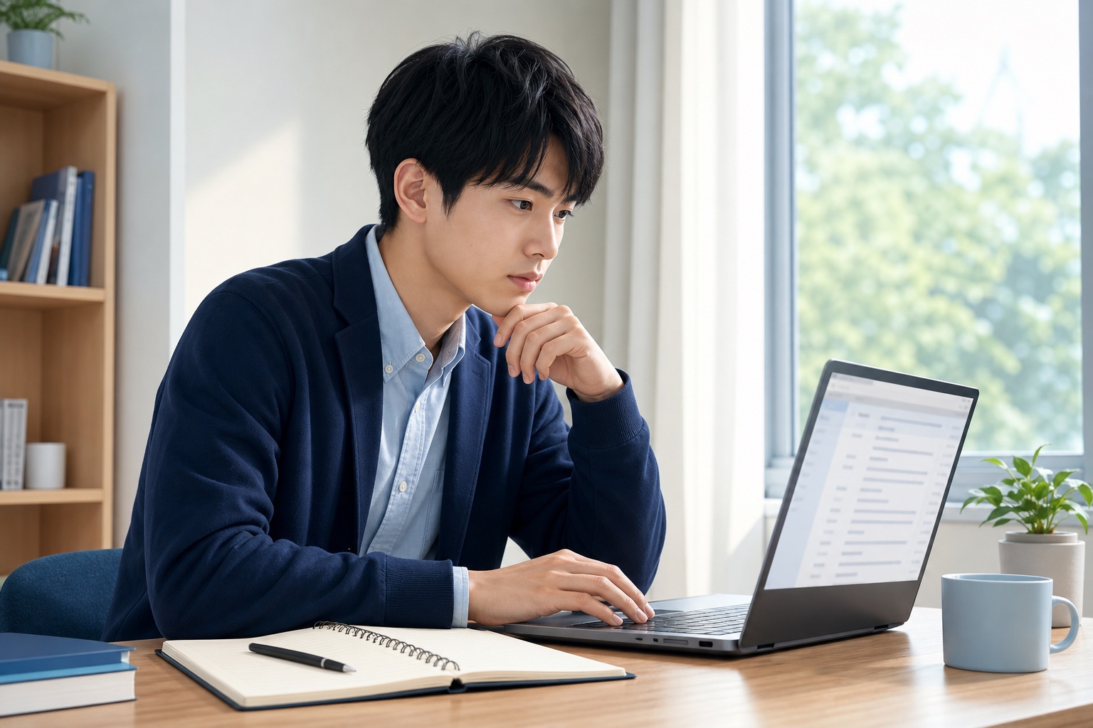 明るい部屋でノートパソコンの画面を見ながら真剣な表情でメールの文面を確認している就活生の様子