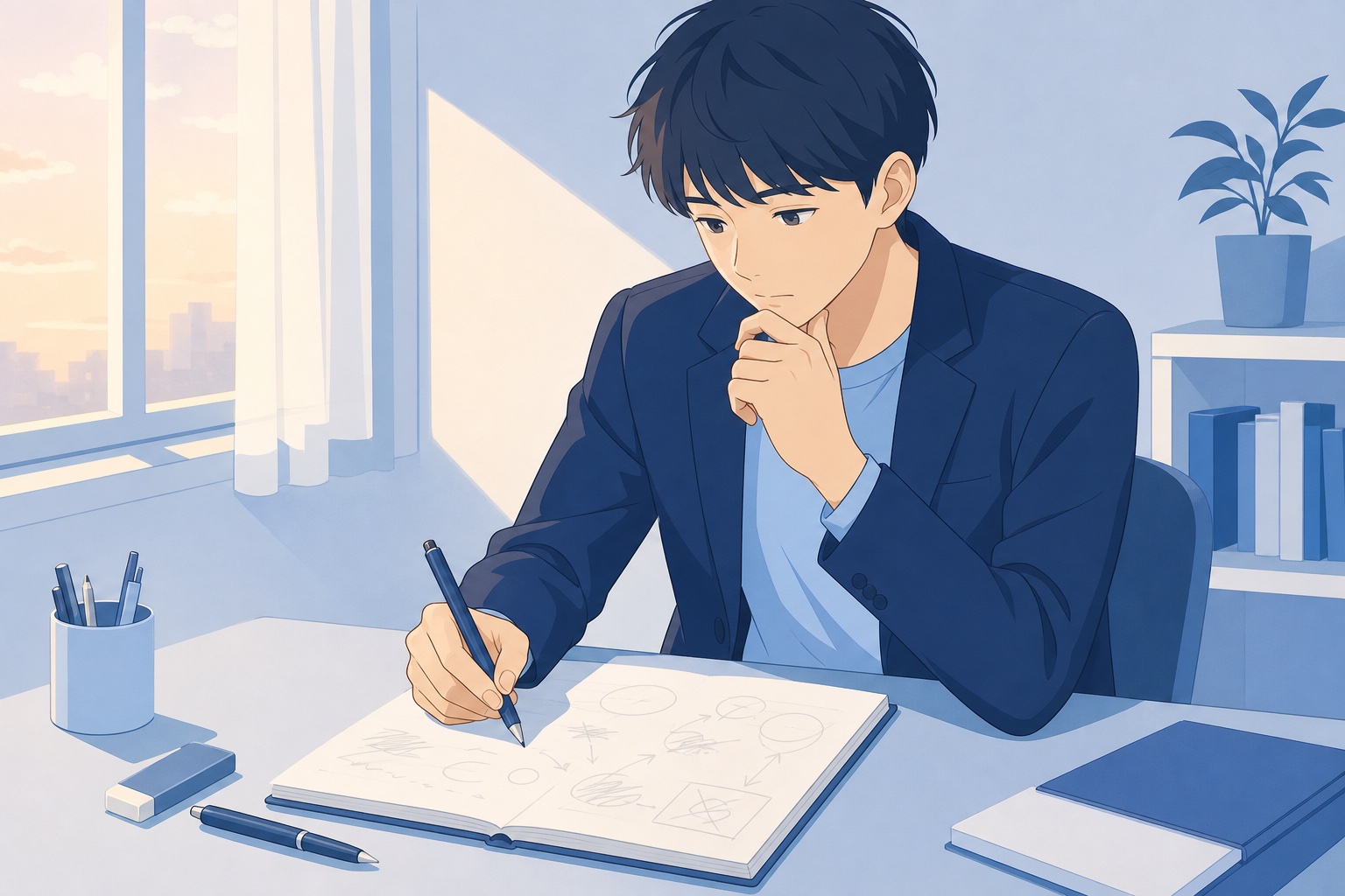 就活生が夕方の光が差し込む机でノートに向かい、アイデアを書いては考え込んでいる様子のイラスト
