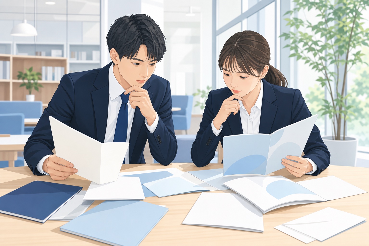 就活生の男女が企業パンフレットや内定通知書を見比べながら検討している様子のイラスト