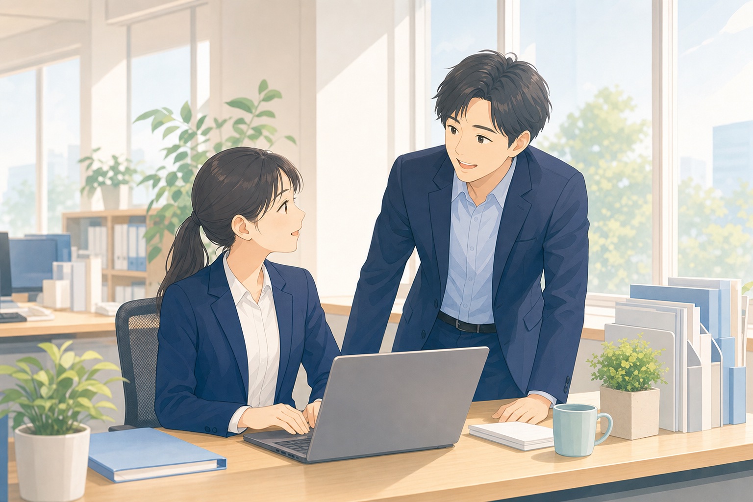 新しい職場に馴染んでいく新入社員に先輩社員が声をかけているオフィスの様子のイラスト