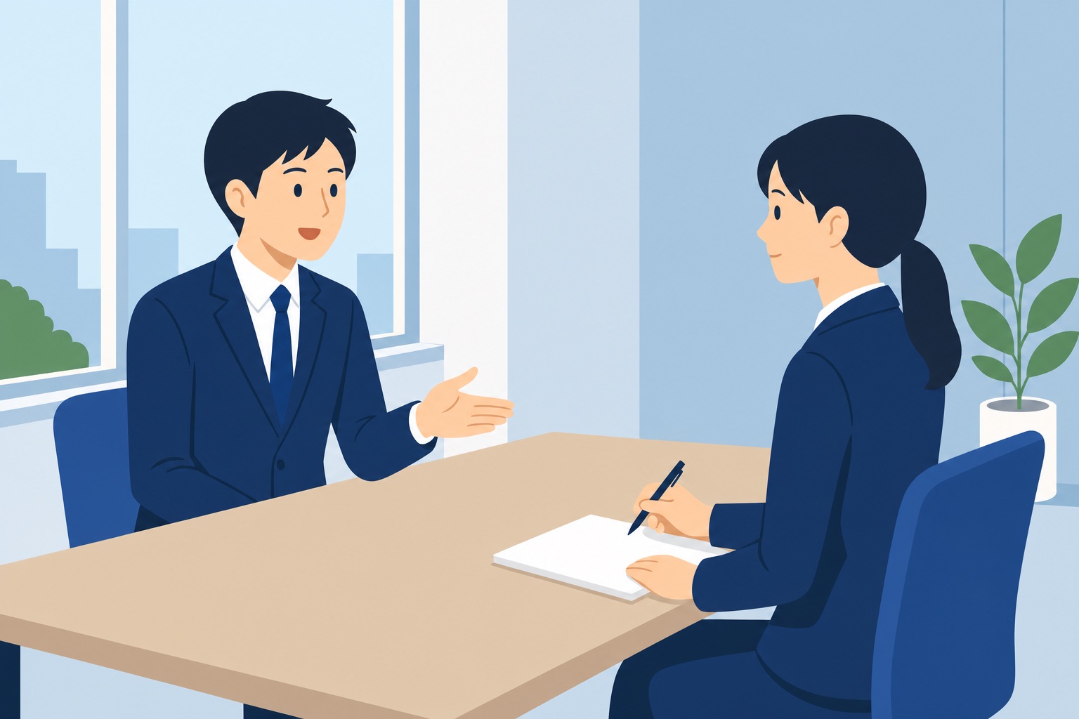就活生がスーツ姿で面接室にて自己紹介の練習をしている様子のイラスト