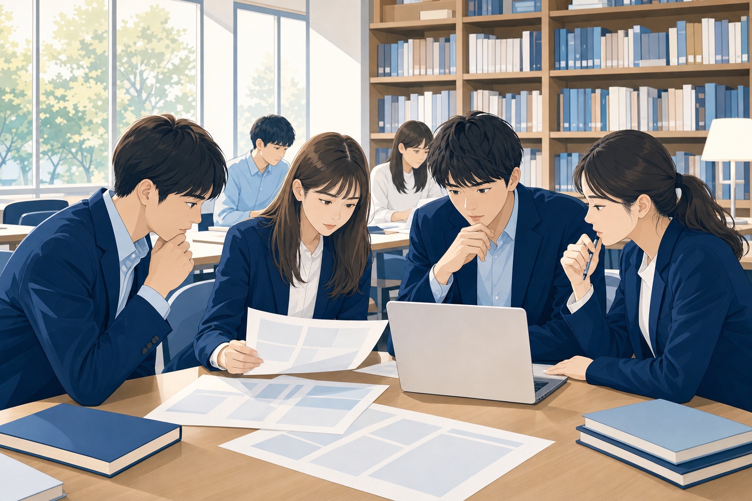 大学図書館で就活生数人がノートパソコンと企業一覧の資料を見比べながら検討している様子のイラスト