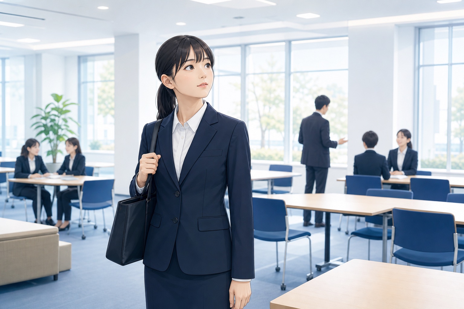 就活スーツを着た学生が新しい職場を見渡し周囲の様子を確認しているイラスト